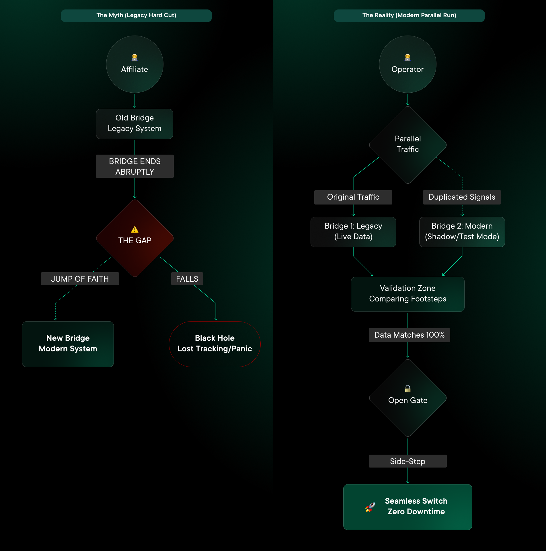 Split flowchart comparing migration myth vs reality: left side shows a hard cut from legacy system into a “gap” leading to lost tracking panic; right side shows parallel traffic to legacy and modern systems, validation, then seamless switch with zero downtime.